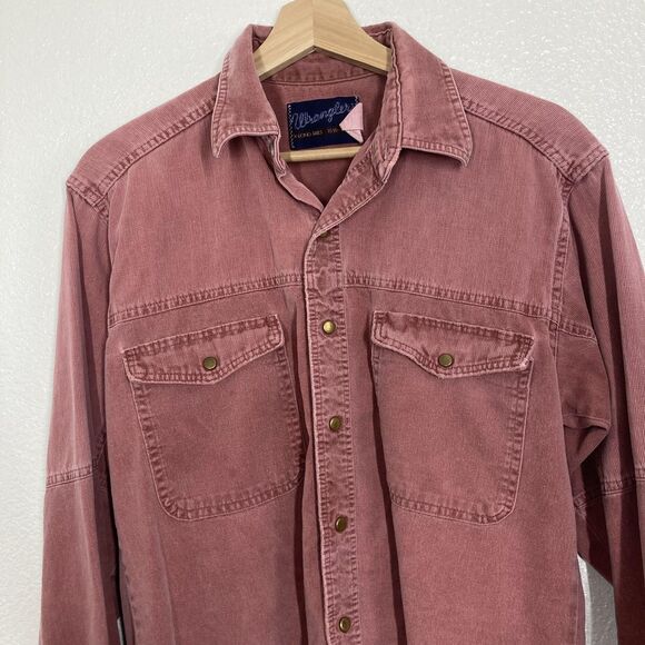 Wrangler Shirt Mens 15.5-35 Medium Pink red Denim Western Snap Long Sleeve - Picture 11 of 16